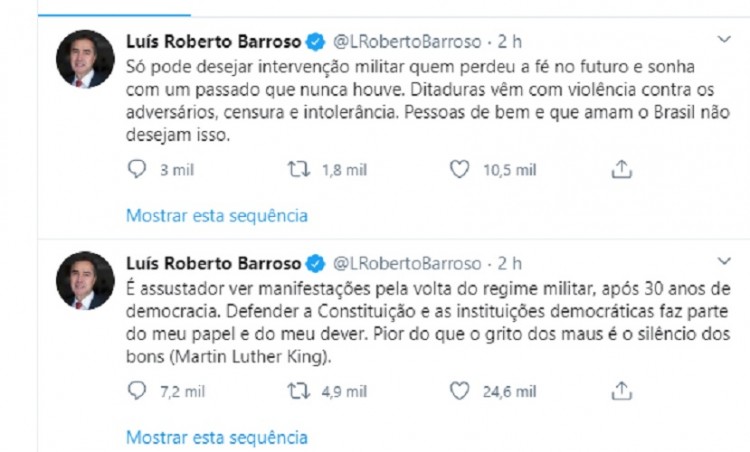 Ministro Barroso diz ser "assustador ver manifestações pela volta do regime militar"